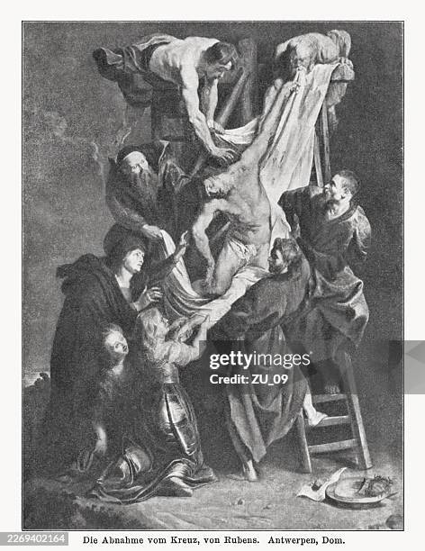 descent from the cross, painted (1612/14) by rubens, antwerp, halftone - cathedral of our lady antwerp stock illustrations