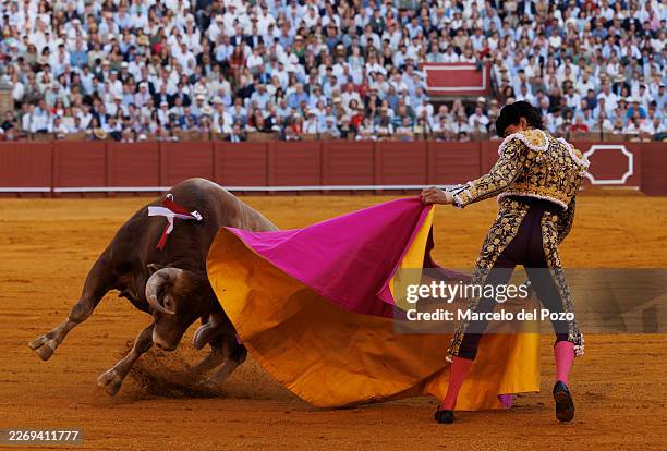 Peruvian matador Roca Rey performs a pass to a bull during a bullfight in Seville on April 5, 2026 in Seville, Spain. Today, Easter Sunday, is the...