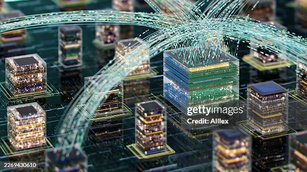 quantum data network visualization with fiber optic streams over server-like circuit stacks - traffic conductor stock pictures, royalty-free photos & images