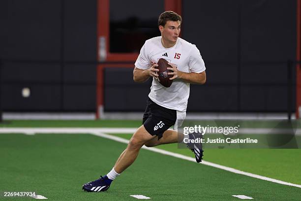 Fernando Mendoza of the Indiana Hoosiers scrambles during the 2026 IU Pro Day at John Mellencamp Pavilion on April 01, 2026 in Bloomington, Indiana.