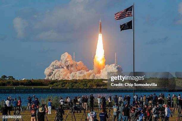 S Artemis II Space Launch System rocket carrying the Orion spacecraft lifts off from Launch Complex 39B at Kennedy Space Center on April 1, 2026 in...