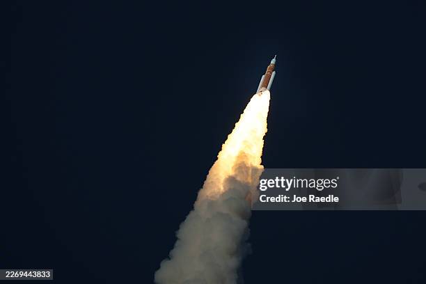 S Artemis II Space Launch System rocket carrying the Orion spacecraft lifts off from Launch Complex 39B at Kennedy Space Center on April 1, 2026 in...