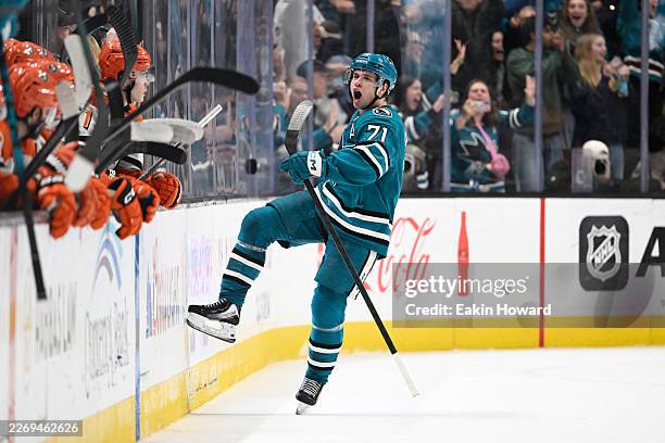 Macklin Celebrini of the San Jose Sharks celebrates a goal against the Anaheim Ducks in the third period at SAP Center on April 01, 2026 in San Jose,...