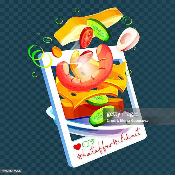 a social media post featuring a sandwich on an isolated background. a cartoon-style culinary advertising illustration. - onion ring stock illustrations