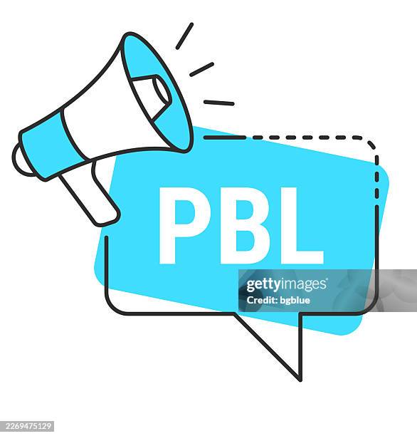 pbl - project based learning - speech bubble and megaphone on white background - activity based working stock illustrations