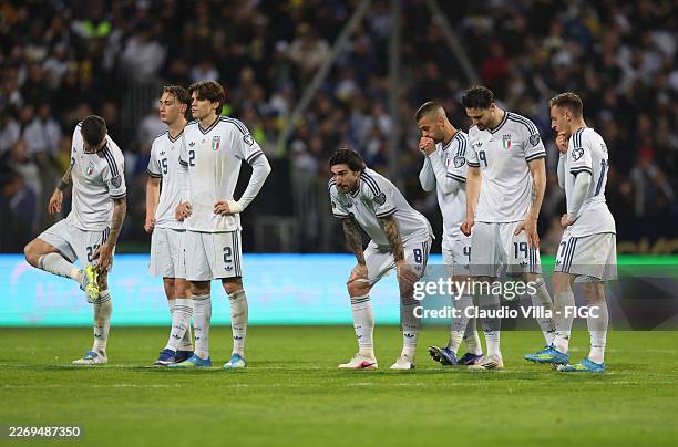 Players of Italy reacts at the end of the FIFA World Cup 2026 European Qualifiers KO play-offs match between Bosnia & Herzegovina and Italy at...