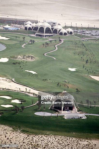 Aerial views of the Emirates Golf Club, surrounded by desert outside Dubai, and host of the yearly European PGA Tour "Dubai Desert Classic", United...
