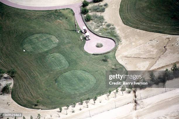 Aerial views of the Emirates Golf Club, surrounded by desert outside Dubai, and host of the yearly European PGA Tour "Dubai Desert Classic", United...
