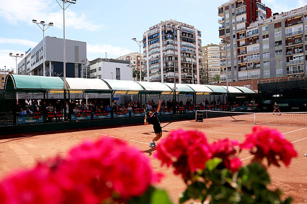 Carlos Alcaraz of Spain serves during his last practice session in Murcia, Spain as he prepares for the clay court season and defend his Monte-Carlo...