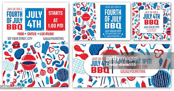 4th of july bbq invitation template set - barbecue grill stock illustrations