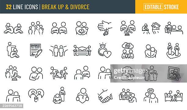 breakup and divorce thin line icons - editable stroke - divorce stock illustrations