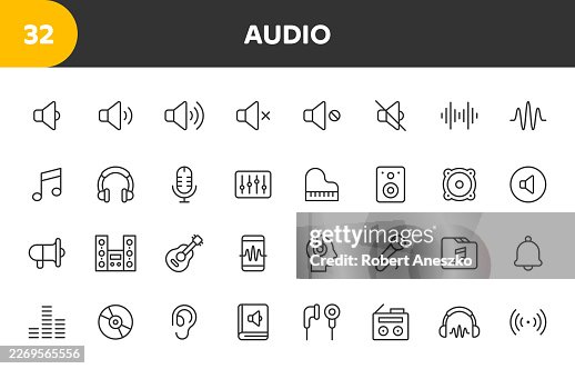 32 Audio, Music, and Sound Vector Line Icons Set: Volume, Podcast, and Media Outline Symbols (Editable Stroke) 32 Audio, Music, and Sound Vector Line Icons Set: Volume, Podcast, and Media Outline Symbols (Editable Stroke)