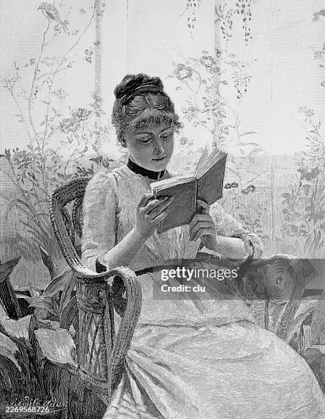 young woman reading alone in a garden chair — absorbed in a small book, her posture calm and inward, the quiet scene revealing a moment of private thought and gentle concentration - pensive stock illustrations
