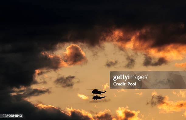 Vice President JD Vance's Marine Two helicopter formation bound for Air Force Two and Budapest, Hungary approaches Joint Base Andrews on April 6,...