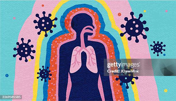 virus respiratory health concept with silhouette of person surrounded by virus - immune system stock illustrations