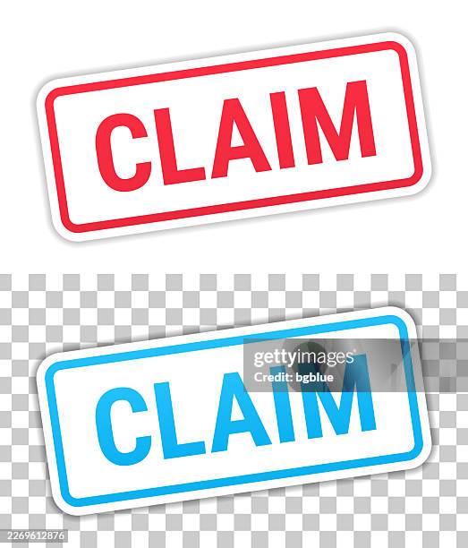 claim - red and blue labels on blank background - plaintiff stock illustrations