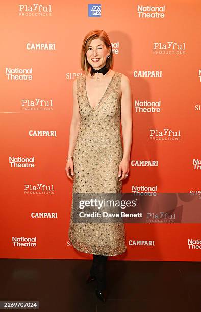 Rosamund Pike attends the press night after party for "Inter Alia" at the St Martins Lane Hotel on April 7, 2026 in London, England.