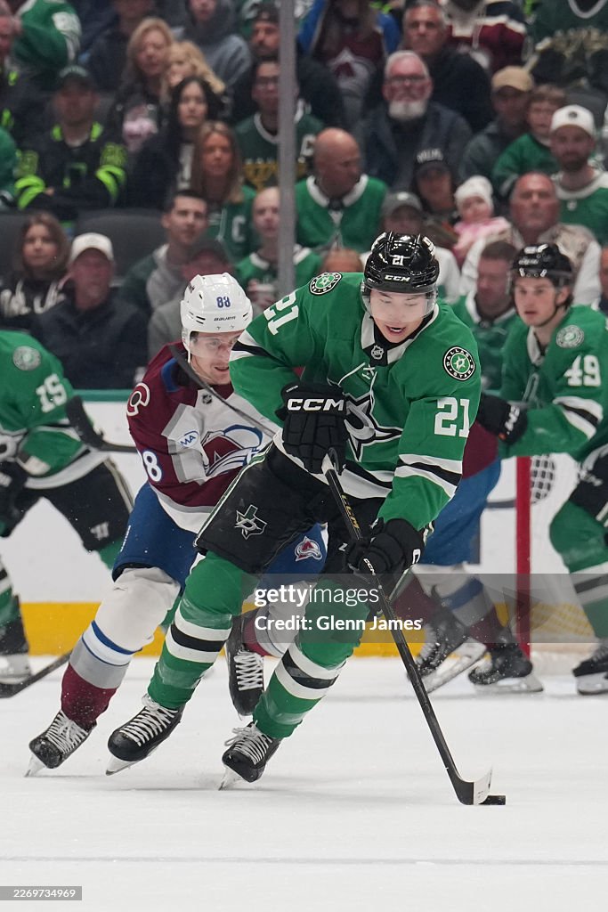 James Roderon Dallas Jason Robertson of the Dallas Stars handles the puck against the ...