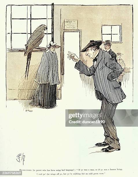 cartoon, man arguing with a parrot who has been using bad language, vintage illustration, victorian, 1890s, - grumpy old man stock illustrations