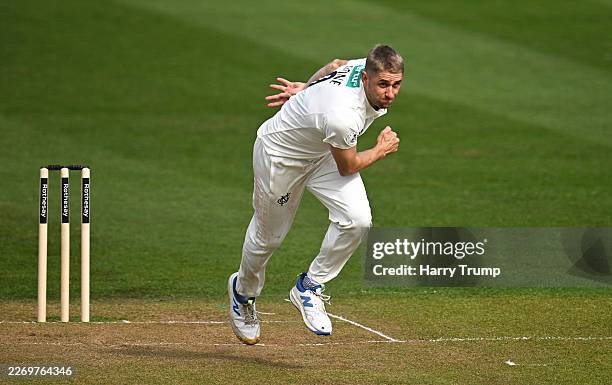 Olly Stone of Nottinghamshire in bowling action during Day Two of the Rothesay County Championship Division One match between Somerset and...