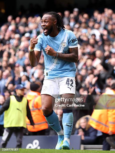 Antoine Semenyo of Manchester City celebrates scoring his team's third goal during the Emirates FA Cup Quarter Final match between Manchester City...