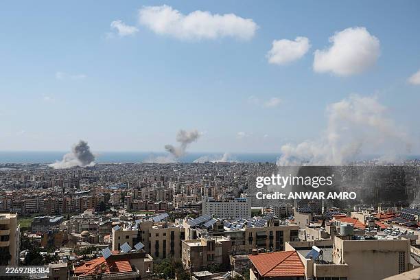 Smoke rises from the sites of Israeli airstrikes in Beirut's southern suburbs on April 8, 2026. Israel launched a series of strikes on Beirut on...