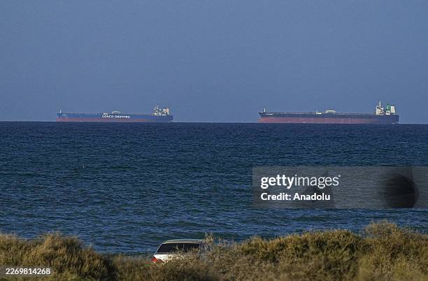 View of the vessels heading towards the Strait of Hormuz following the two-week temporary ceasefire reached between the United States and Iran on the...