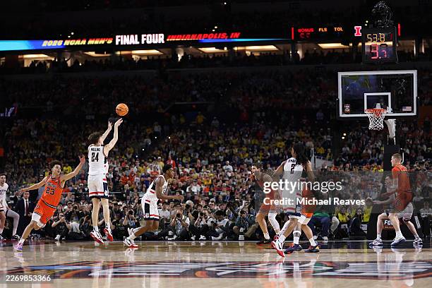 Braylon Mullins of the UConn Huskies shoots a three pointer against the Illinois Fighting Illini during the second half in the Final Four of the 2026...
