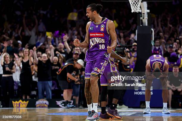 Xavier Cooks of the Kings celebrates winning game five of the NBL Grand Final series between Sydney Kings and Adelaide 36ers at Qudos Bank Arena, on...