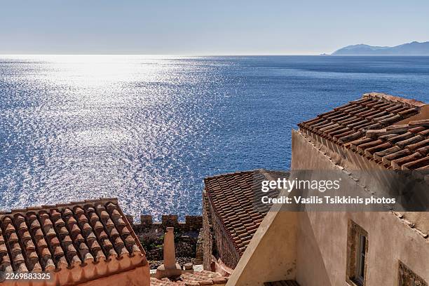 view from monemvasia - monemvasia stock pictures, royalty-free photos & images