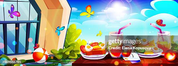 a cartoon-style backyard picnic. graphic vector illustration in eps format. - apple juice stock illustrations