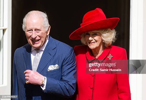King Charles III and Queen Camilla attend the 2026 Easter Matins Service at St George's Chapel on April 05, 2026 in Windsor, England.
