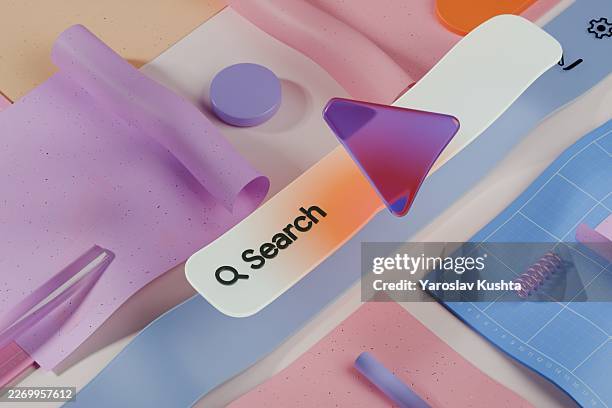 abstract 3d search interface concept with geometric elements and creative workspace layout - user interface concept stock pictures, royalty-free photos & images