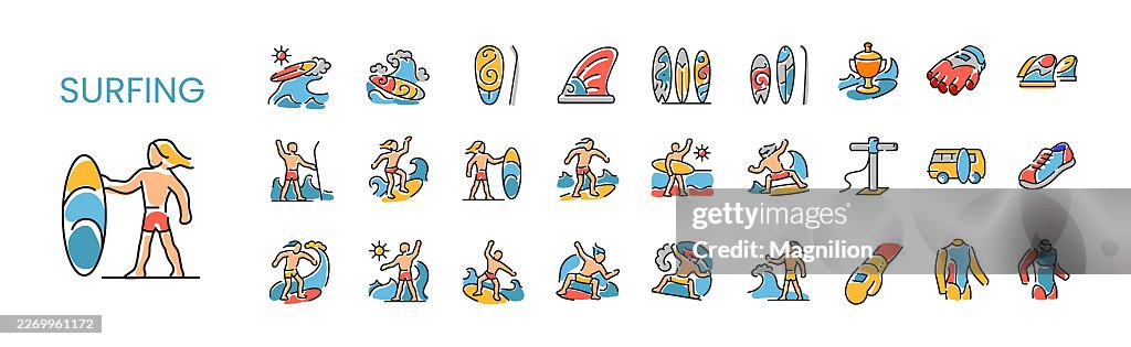 Surfing Editable Stroke Vector Icon Set Featuring Surfer, Surfboard, Wetsuit, Wax, Trophy, Van, Fins, Waves, and Beach Gear
