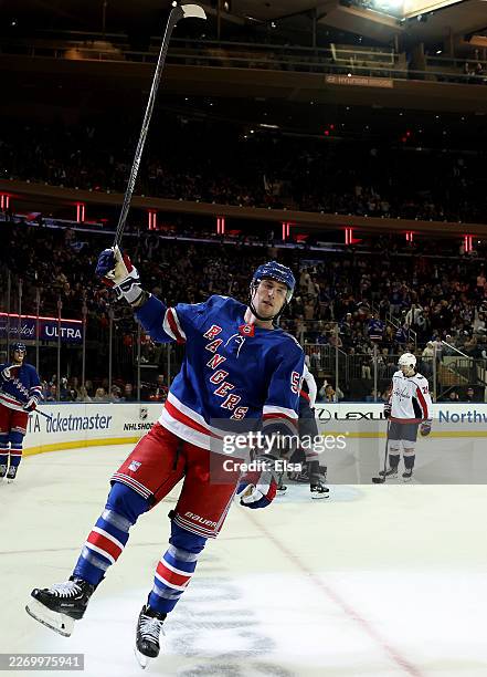 Will Cuylle of the New York Rangers celebrates his goal during the second period against the Washington Capitals at Madison Square Garden on April...