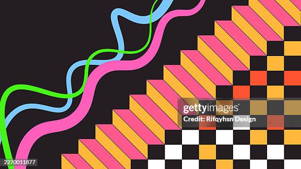 multicolored flowing wave lines abstract on black background with black and white checked chess pattern, neon gradient synthwave 2000s retro futuristic geometric psychedelic modern poster design art - 2000s background stock illustrations
