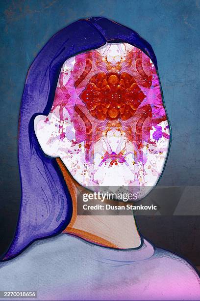 abstract female portrait with symmetrical rorschach inkblot pattern - inkblot stock illustrations