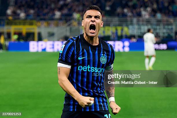 Lautaro Martínez of FC Internazionale celebrates with teammates after scoring his team's first goal during the Serie A match between FC...