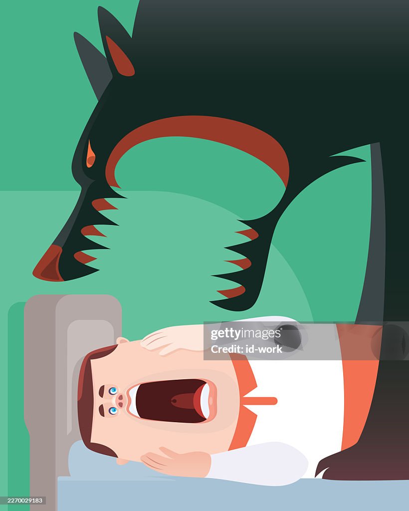 Man meeting angry wolf while sleeping on bed