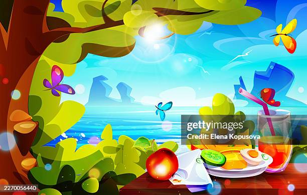 a picnic, a snack outdoors, cartoon style. summer vector illustration in eps format. - apple juice stock illustrations