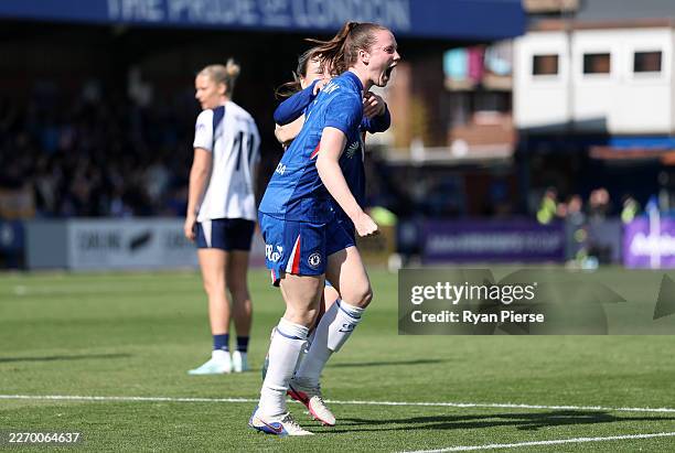 Veerle Buurman of Chelsea celebrates scoring her team's second goal with teammate Wieke Kaptein during the Adobe Women's FA Cup Quarter Final match...