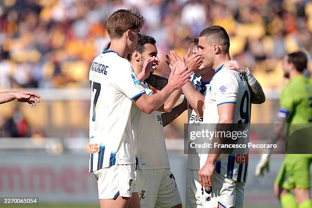 Nikola Krstovic of Atalanta BC celebrates after scoring his side second goal during the Serie A match between US Lecce and Atalanta BC at Stadio Via...