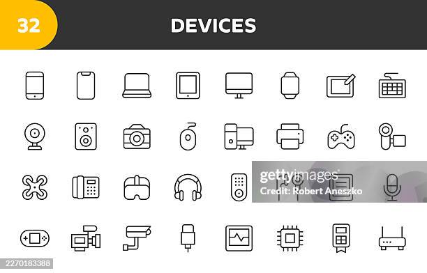 32 electronic devices and technology vector line icons set: gadgets, computer hardware, and multimedia outline symbols (editable stroke) - printer security stock illustrations