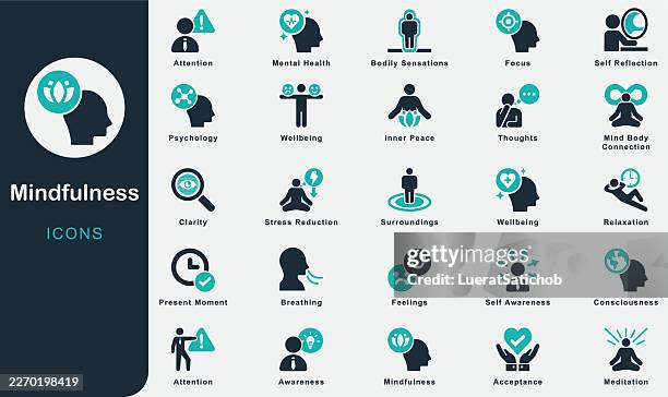mindfulness solid icons collection.containing awareness, present moment, acceptance, thoughts, feelings, bodily sensations, surroundings, meditation, focus, attention, consciousness, self awareness - wellness solid icon stock illustrations