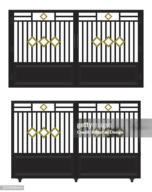 minimalist modern wrought iron gate: flat vector illustration isolated on white background - garden swing stock illustrations