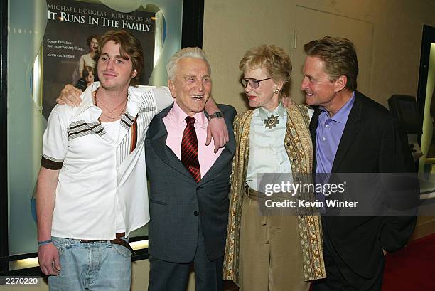 Actors Cameron Douglas, Kirk Douglas, Diana Douglas and Michael Douglas pose at the premiere of "It Runs In The Family" at the Bruin Theater on April...