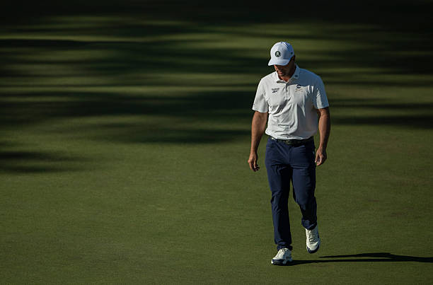Bryson DeChambeau of the United States reacts on the No. 15 green during the second round of the Masters at Augusta National Golf Club, Friday, April...
