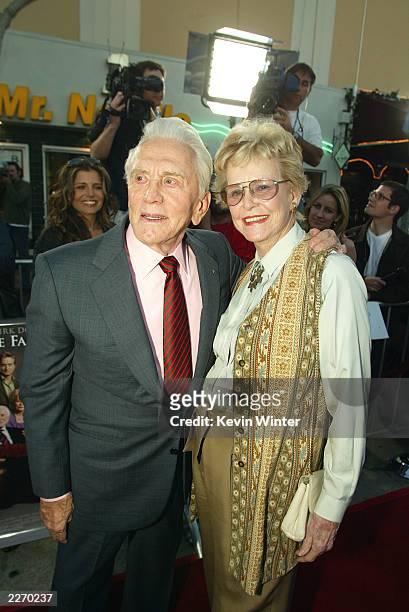 Actor Kirk Douglas poses with actress and ex-wife Diana Douglas at the premiere of "It Runs In The Family" at the Bruin Theater on April 7, 2003 in...