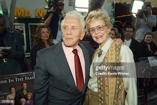 Actor Kirk Douglas poses with actress and ex-wife Diana Douglas at the premiere of "It Runs In The Family" at the Bruin Theater on April 7, 2003 in...