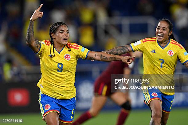 Colombia's forward Gisela Robledo celebrates scoring her team's second goal during the CONMEBOL Nations League Women football match between Colombia...